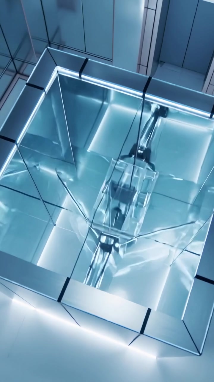 Video verticale: Telecamera che si sposta, mostrando una stanza quadrata con cubi di vetro in un museo, specchi e LED.