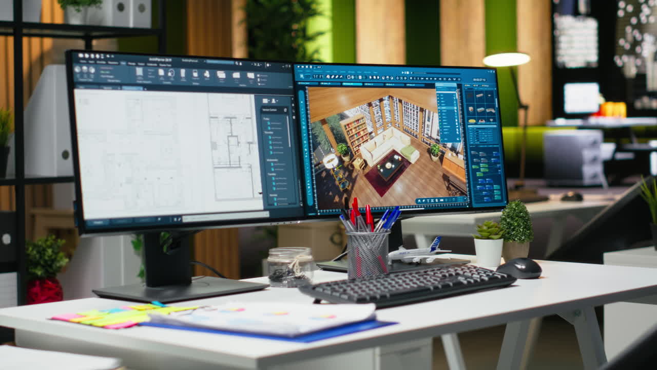 Modern architecture dual monitors with 3D rendering software and floor plan