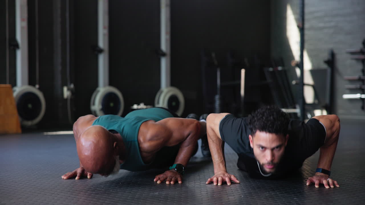 Men doing push-ups in a gym
