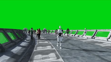 people and robots. sci fi tonnel. futuristic traffic. concept of future. green screen footage. realistic 4k animation.