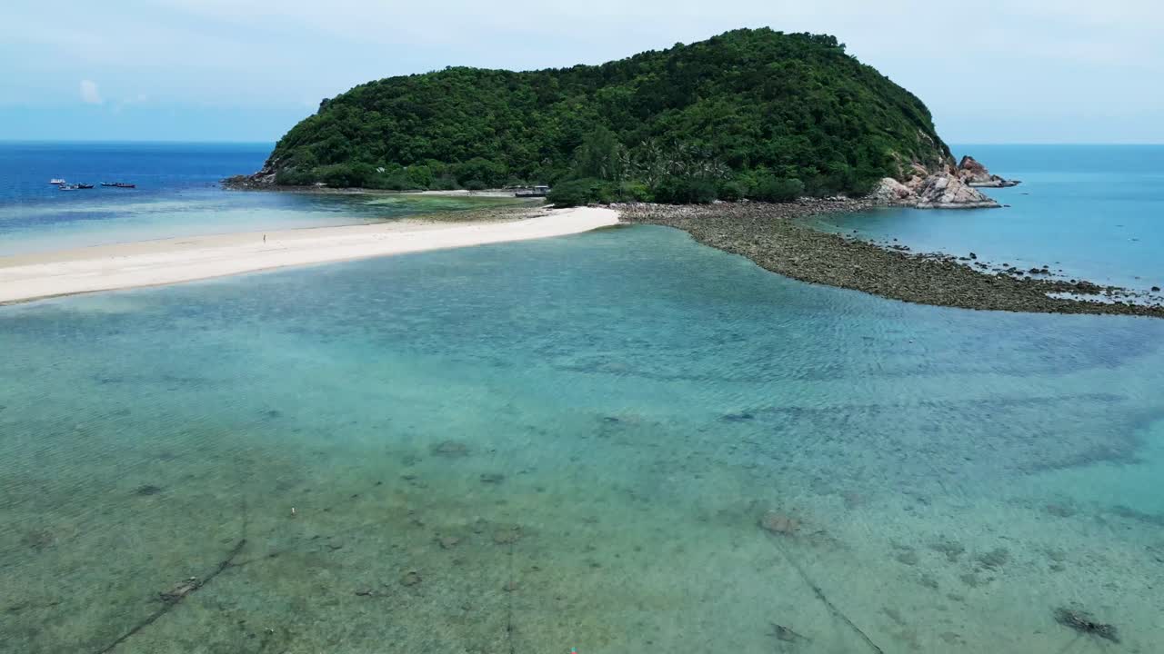 A lonely boat and Ko Pha-ngan Aerial beach islet landscape, pristine bay in Southeast Asian paradisaical travel destination