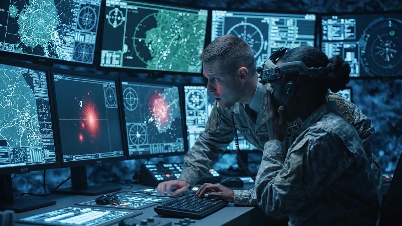 Military Personnel Operate Advanced Command Center Technology, Analyzing Data and Visuals on Multiple Screens for Strategic Operations and Tactical Decisions.