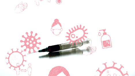 digital video animates covid-19 cells and vaccine syringe for pandemic healthcare.