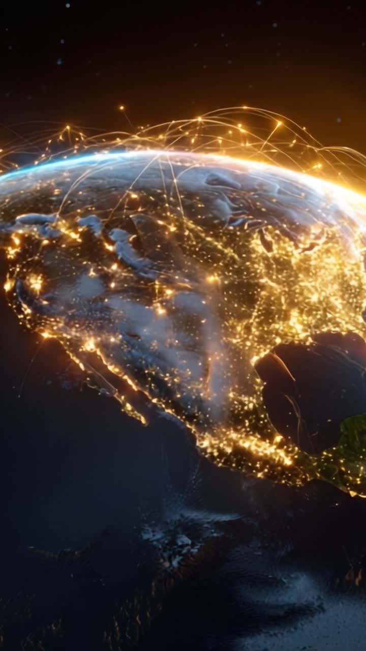 Una visualizzazione mozzafiato della Terra illuminata da connessioni di rete e luci urbane, che mostra l'impatto umano e la connettività globale di notte.