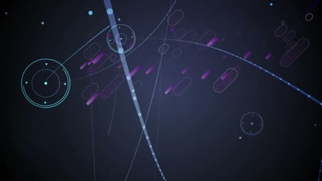 Animation-of-purple-light-trails,-scientific-data-processing-and-network-of-connections