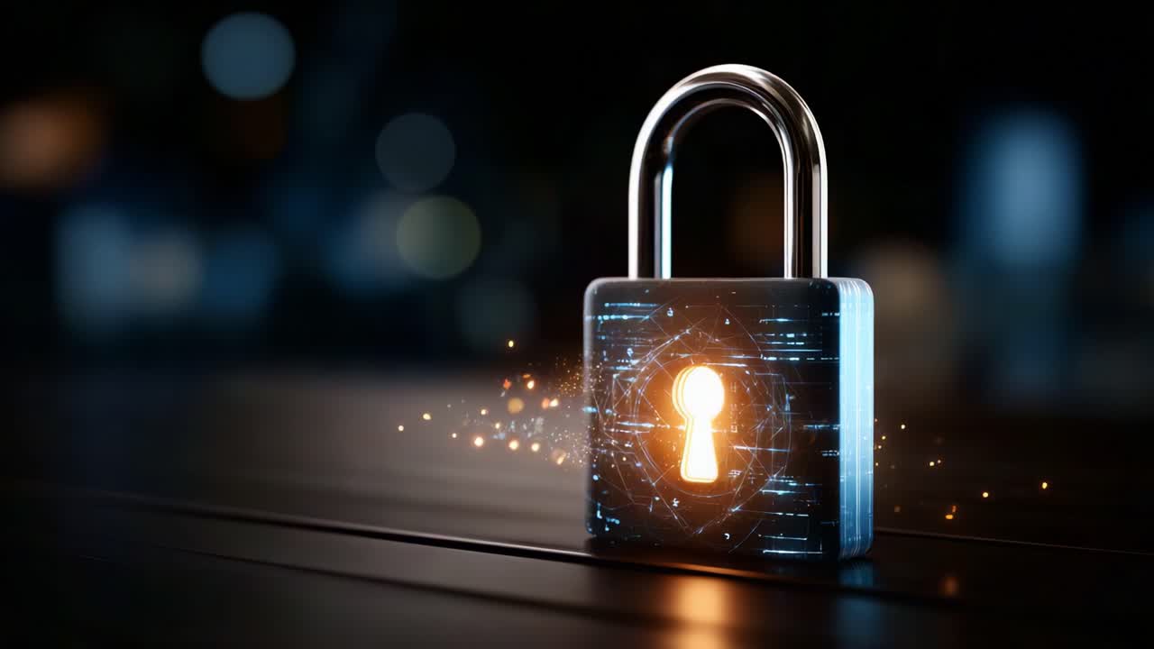A powerful digital padlock glows with encrypted symbols as it secures information, showing security technology's evolution in an era of data protection and privacy