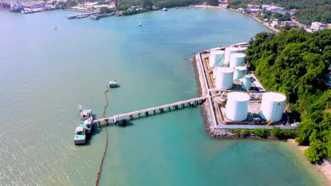 aerial drone top view of tank farm oil and gas terminal with lots of fuel petroleum chemical natural gas storage tank and petrochemical in the harbor. power and energy industrial tank storage