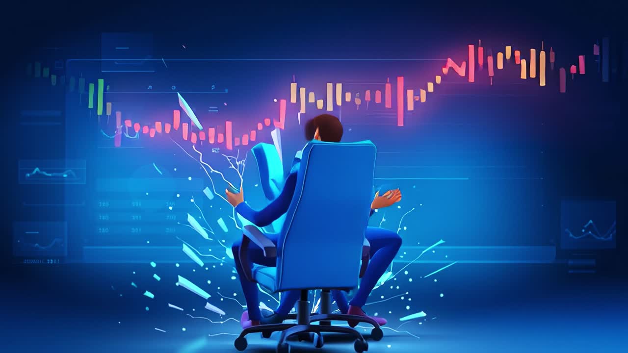 A Dramatic Shift in Market Dynamics: Two Professionals Engage in Serious Discussion Amidst a Turbulent Financial Landscape Captured Through Vibrant Graphics and Visual Metaphors