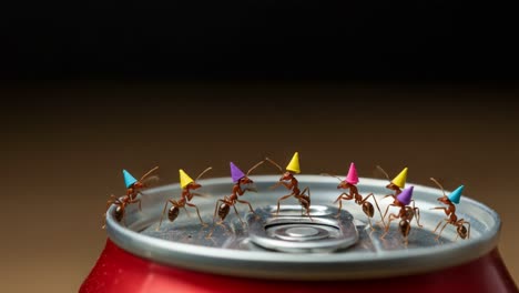 A Playful Assembly of Ants Celebrating on a Soda Can Lid, Complete with Colorful Party Hats, Captures the Whimsical Nature of Insect Behavior and Community Spirit