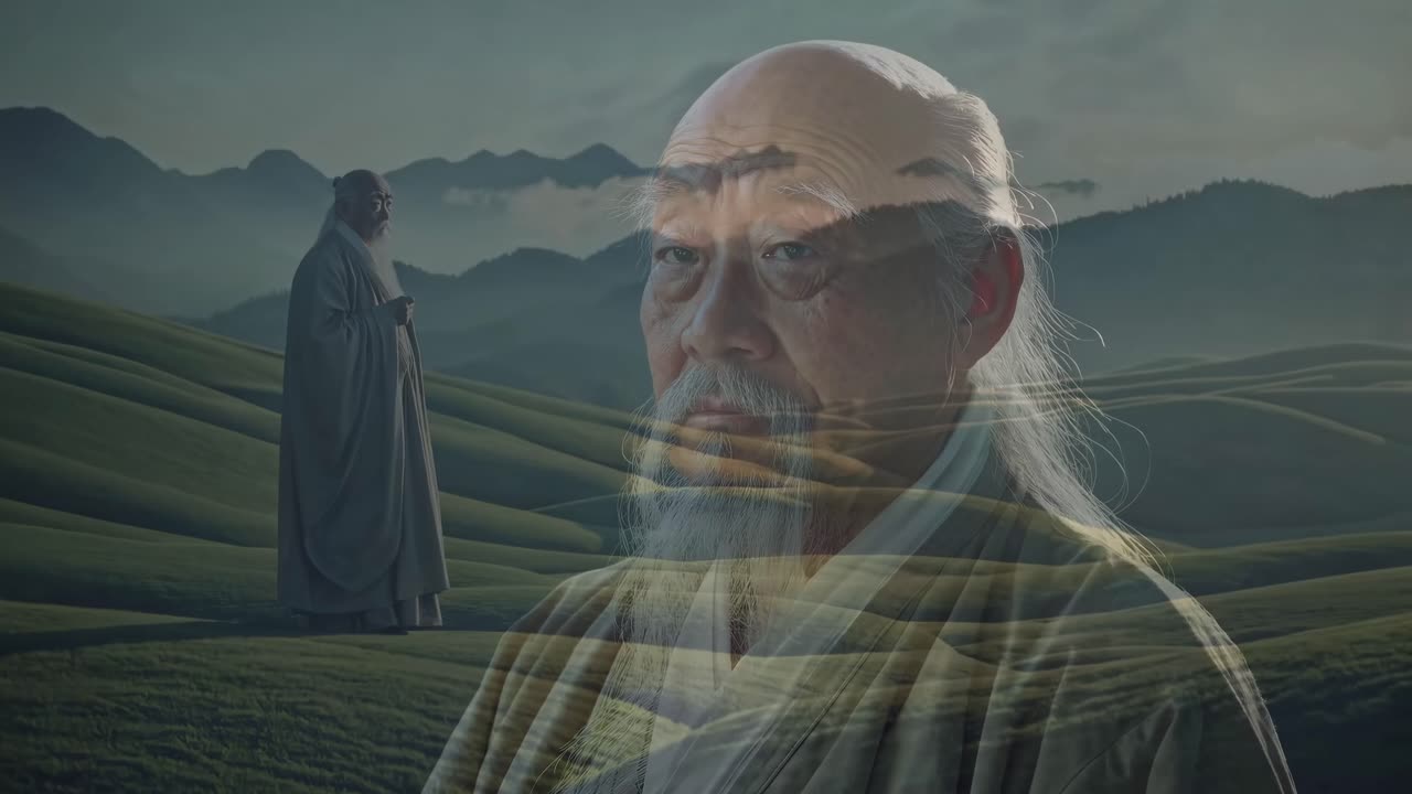 A serene landscape video with a wide-angle view of a monk standing on lush green hills, framed