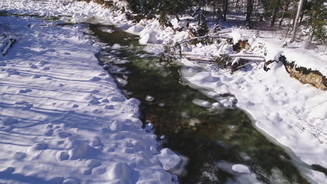 panning and tilting drone shot of icy and flowing winter river