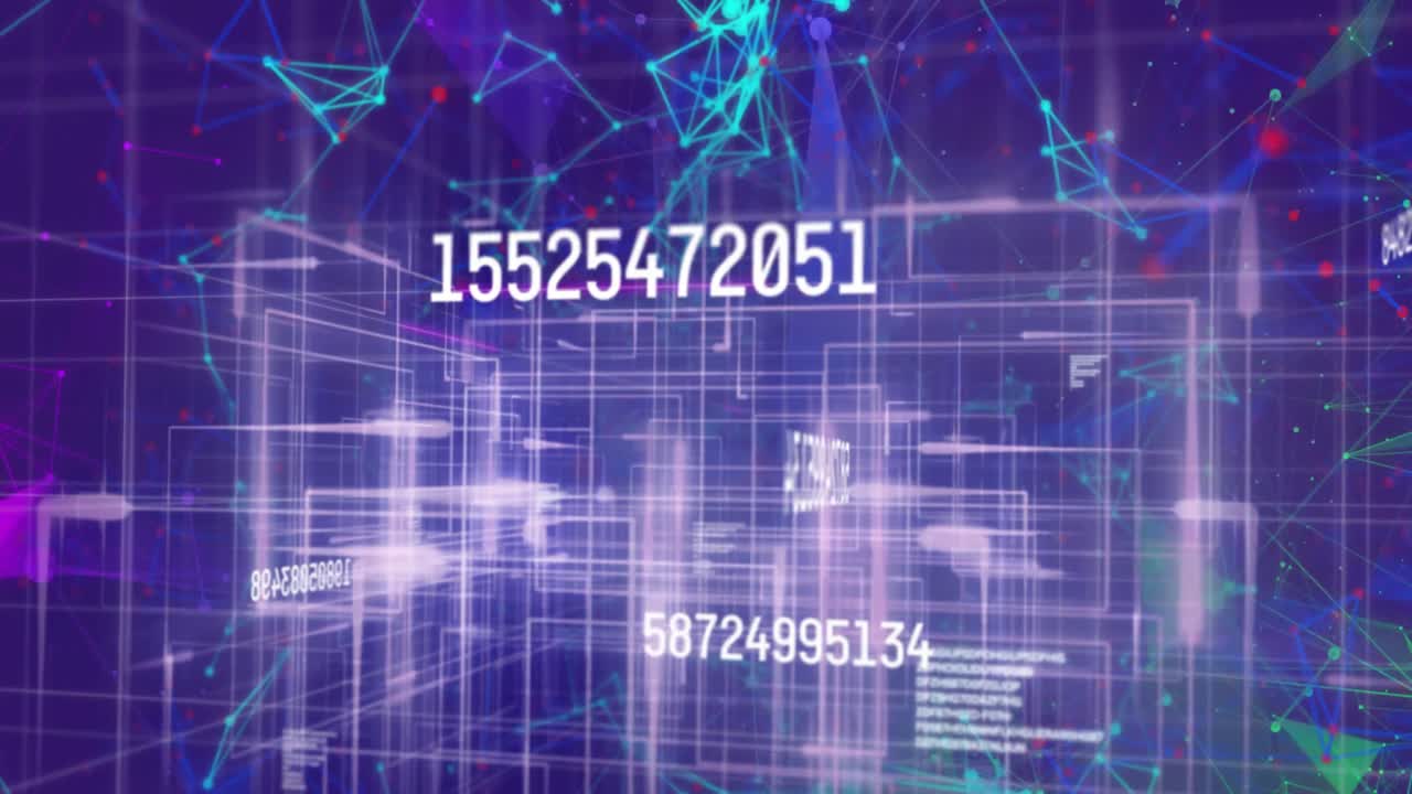 Multiple changing numbers against plexus networks and light trails against blue background