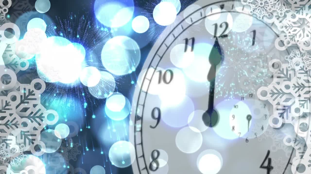 animación del reloj y fuegos artificiales sobre la decoración de navidad