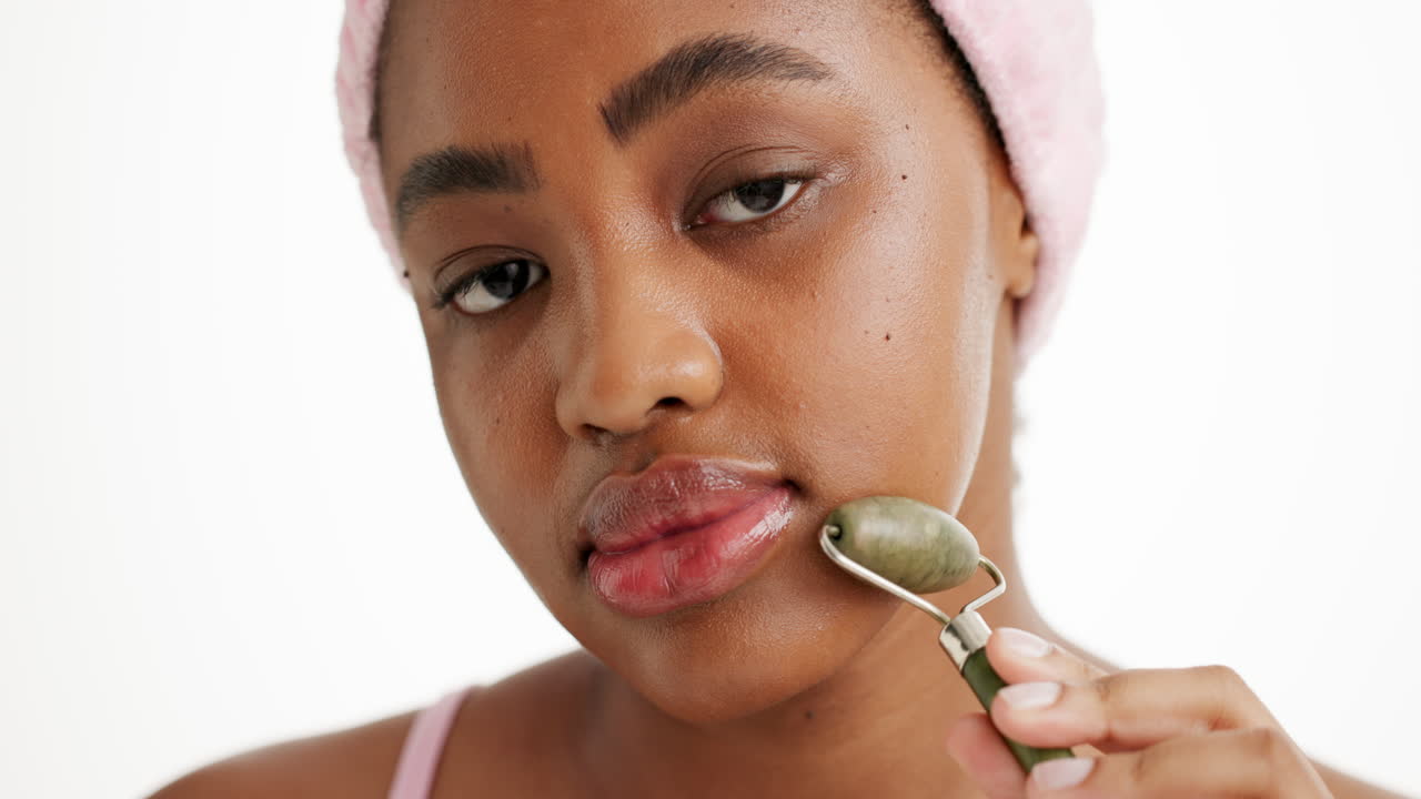 Woman using a face roller for skincare