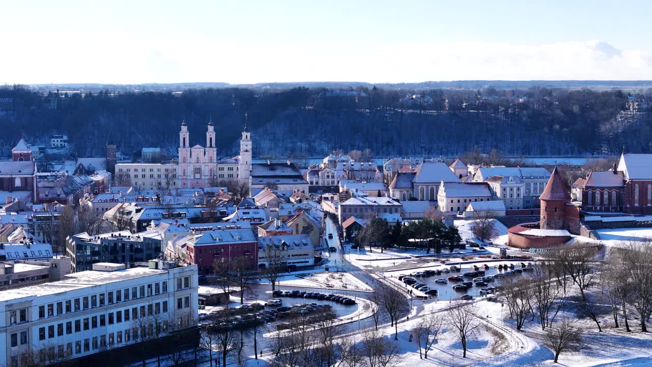 Kaunas castle and church towers in winter, aerial view
