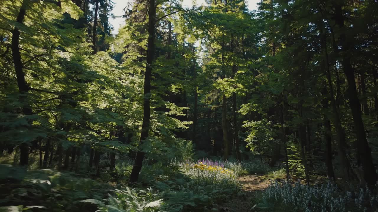 Paesaggi forestali pittoreschi con luce solare e fiori