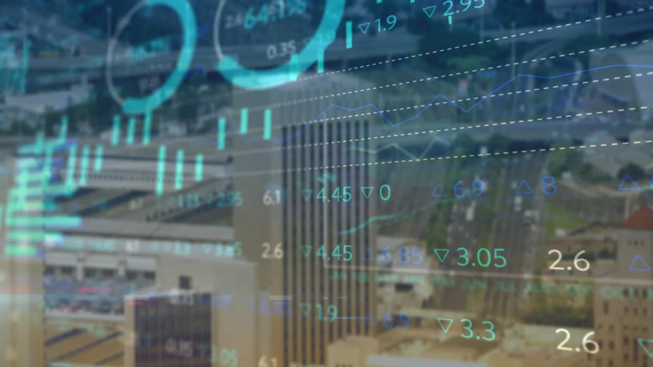 Animation of financial data processing over cityscape