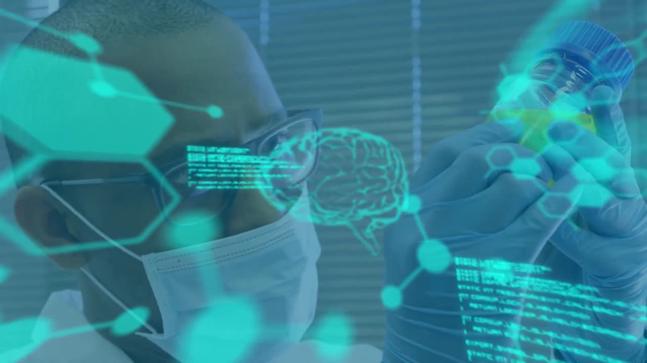 animación del procesamiento de datos sobre un médico masculino biracial con un vial