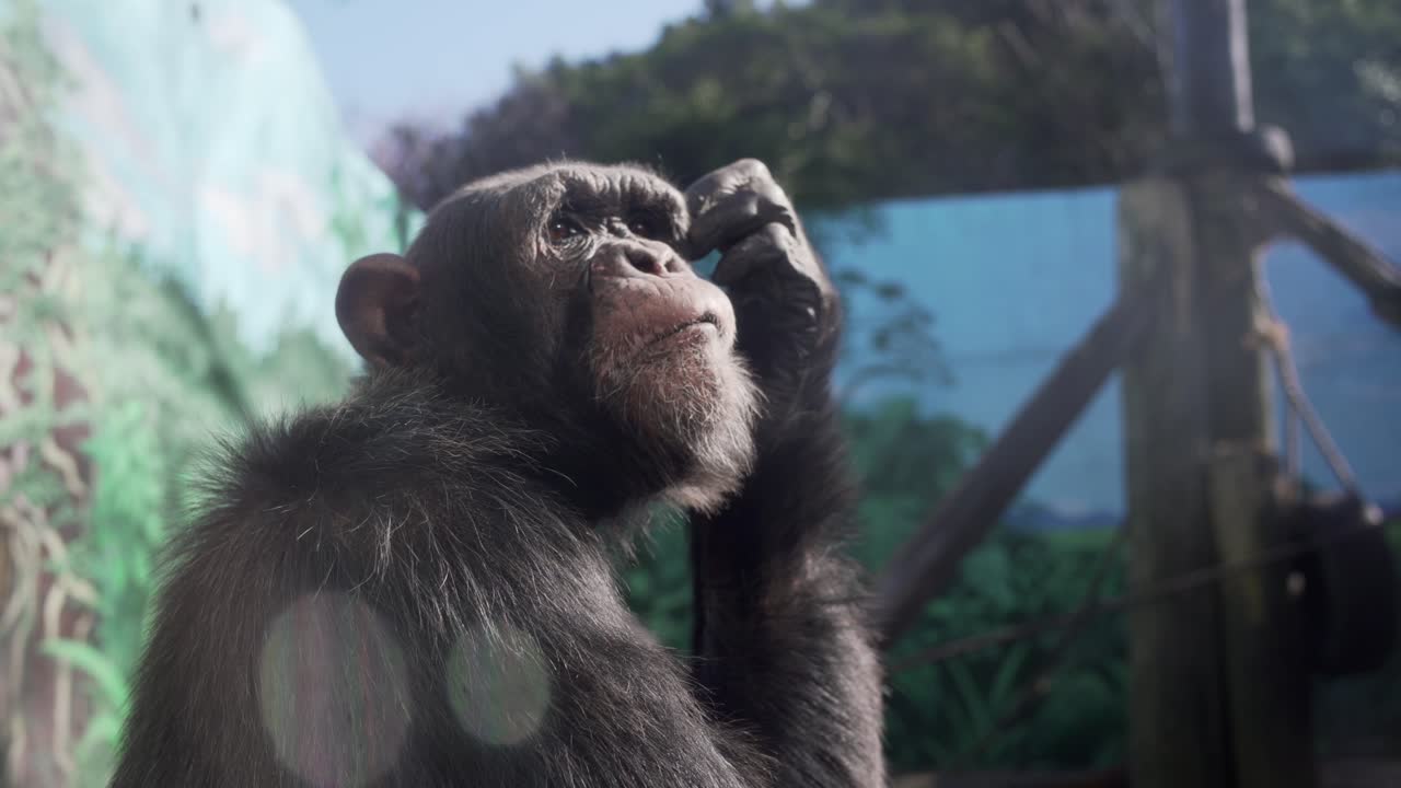 Closeup View Of A Chimpanzee In Captive Scratching Its Head In Slow Motion In Izu, Japan On A Hot Sunny Day - Tele Shot