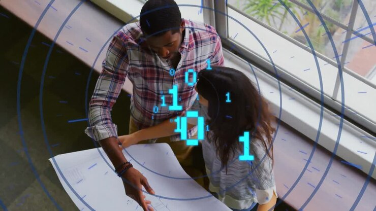 Animation of circles and binary codes over diverse coworkers analyzing blueprint in office