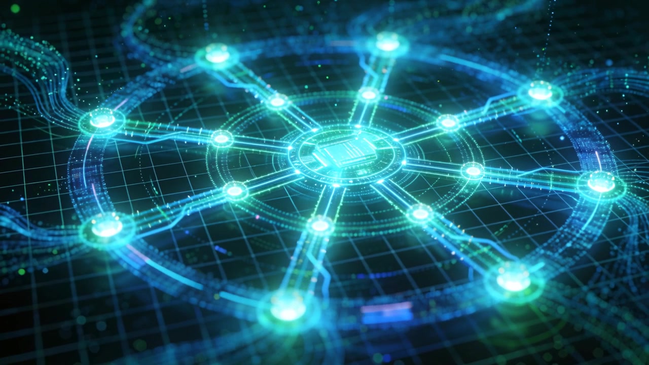 Pulsing central square hub sending data along eight spokes over dark grid plane, brightening nodes