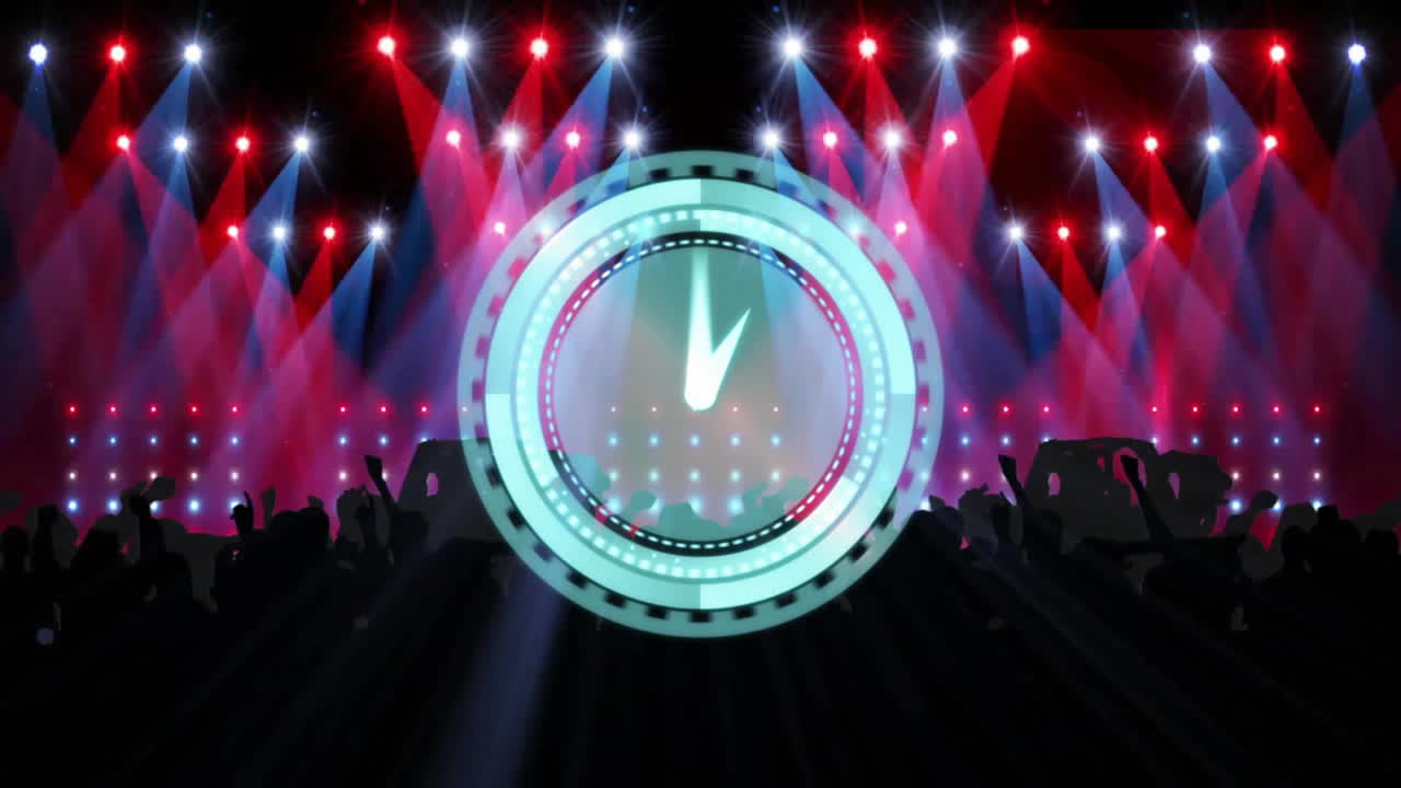 Animation of clock over people dancing with spotlights background