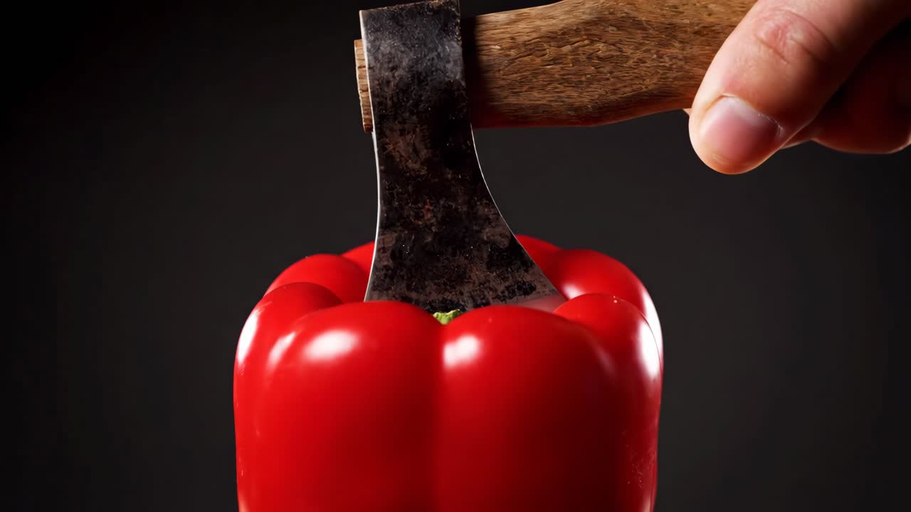Red pepper sliced by axe