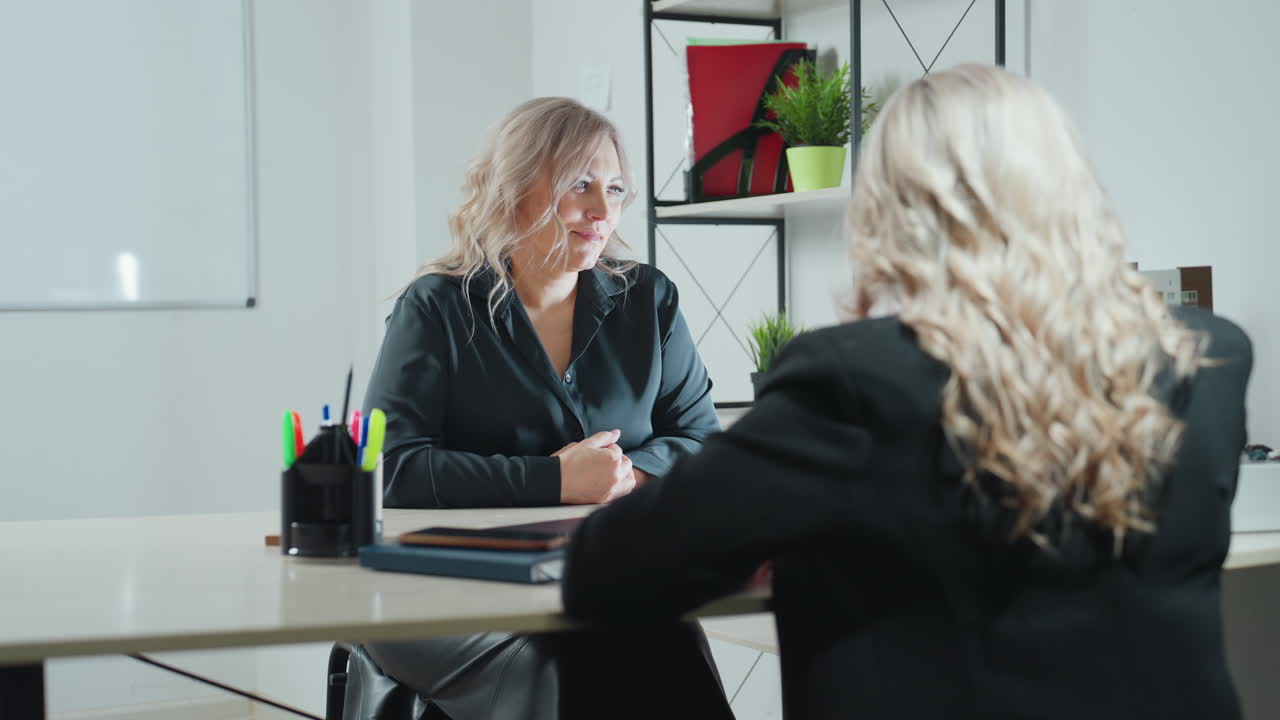 back view of consultant talking to client who is focused looking at what she is showing her across office desk with bright light shelf indoor plants and stationery holder