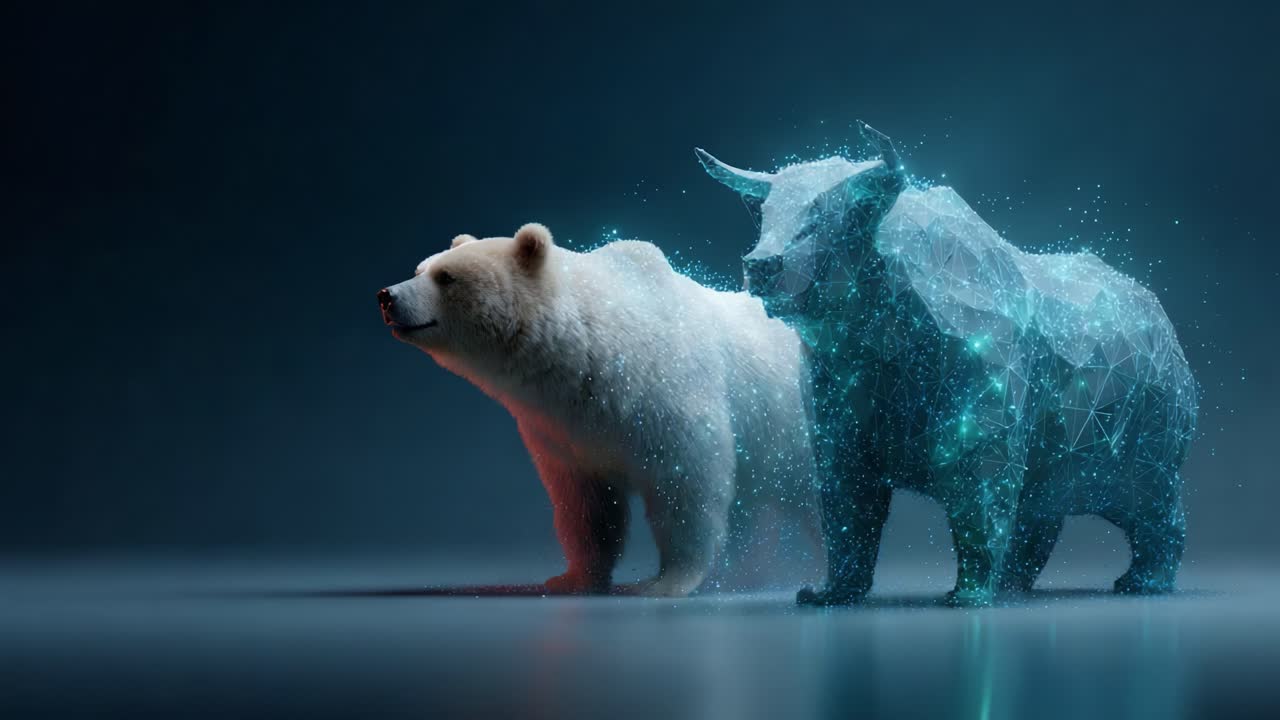 A striking visual representation of a bear and bull, symbolizing market dynamics, contrasts their traditional and digital forms, reflecting the evolution of financial concepts