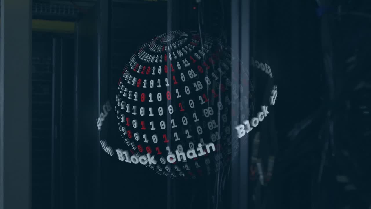 Animation of data processing and globe over server room