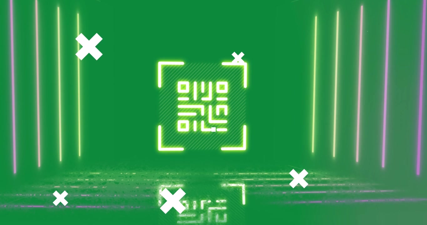 Animation weißer Kreuze über einem roten Gitter, Datenverarbeitung auf einem Diagramm über einem Globus und QR-Code auf Schwarz