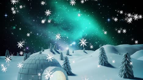 Animation-Von-Schnee,-Der-über-Ein-Iglu-In-Einer-Nächtlichen-Winterlandschaft-Fällt