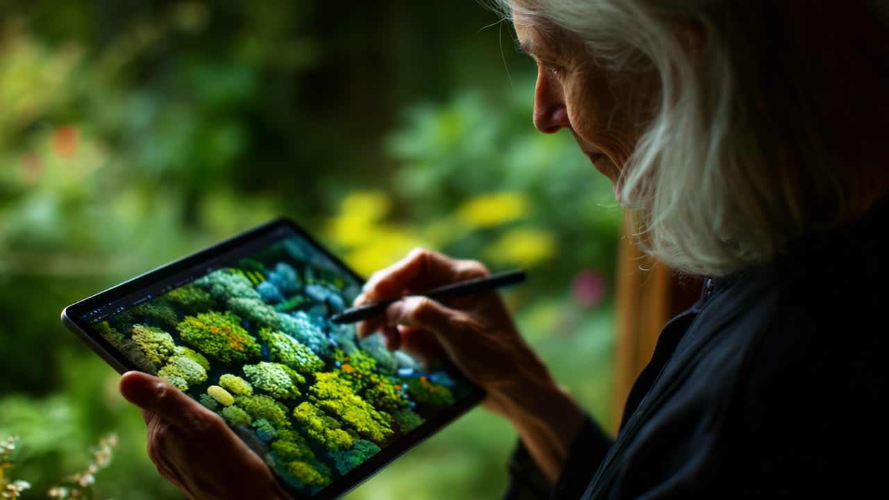 A Senior Artist Engages with Nature's Palette, Creating Digital Art Inspired by Lush Greenery and Vibrant Colors on a Tablet Display, Celebrating Botanical Beauty and Creativity