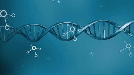 estructuras moleculares flotando sobre la estructura del adn giratorio en un fondo azul