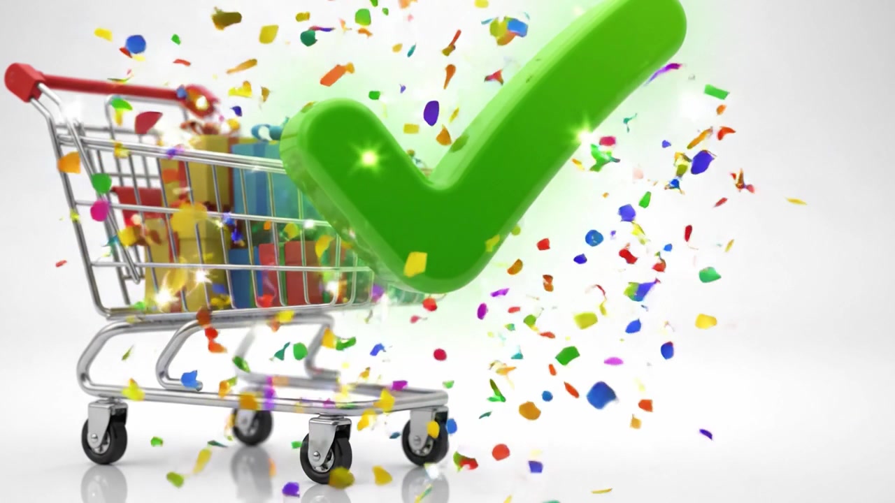 Un'Esperienza di Shopping Vivace: Un Carrello Colorato Pieno di Regali e un Indicatore di Successo che Simboleggia un Percorso di Acquisto Positivo.