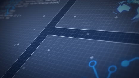 Animation of globe spinning, processor elements and data processing on screens over grid