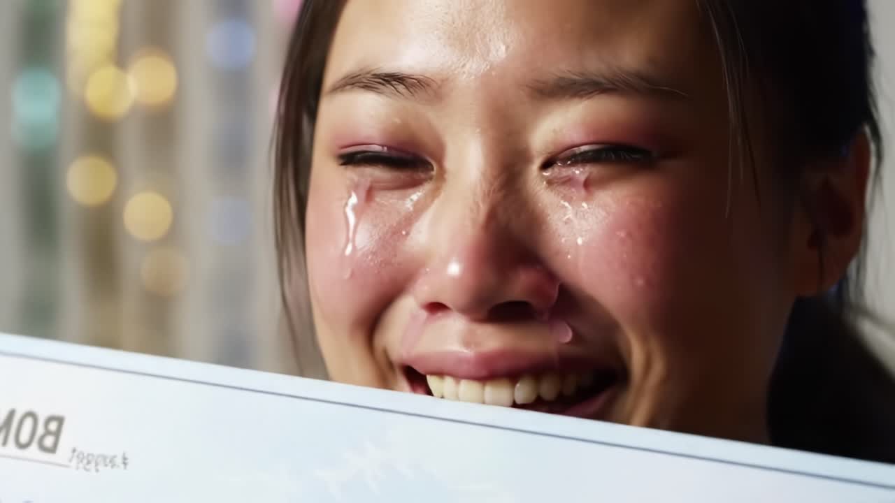 A heartfelt moment captured: a woman's emotional journey from tears of sadness to joy, holding a significant check that symbolizes a life-changing opportunity and hope