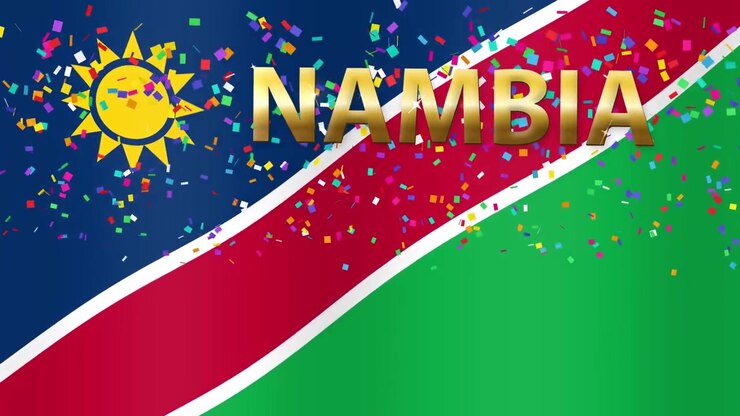 Celebrazione con bandiera della Namibia e coriandoli in caduta