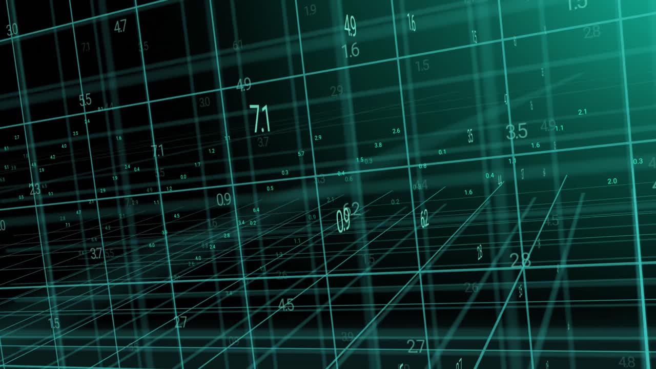 Animation of data processing over layers of 3d grids moving on black background