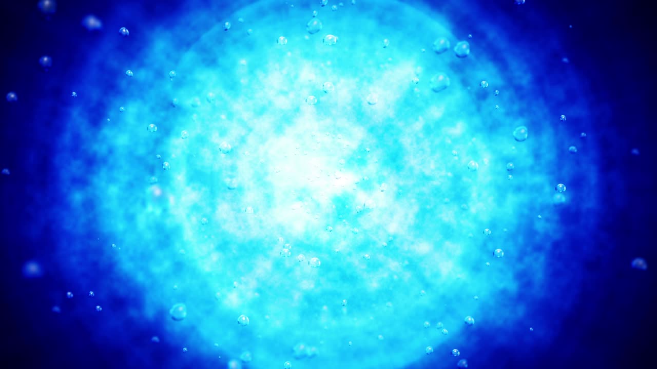 물 표면으로 올라오는 수중 거품, 푸른 바다가 밝은 광선을 비추고, 바다에서 물 거품, 루프 애니메이션.