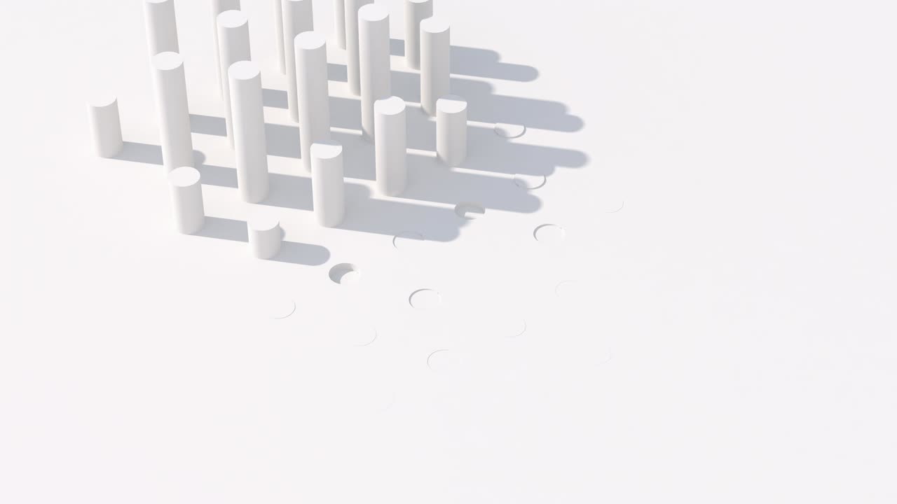 White rods rising. White background, hard light. Abstract animation, 3d render.
