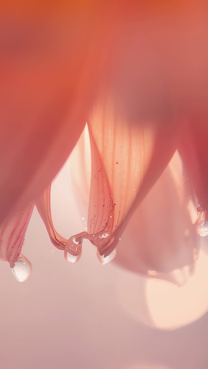 Video verticale: punti luce mobili che rivelano i petali inferiori con goccioline in macro, con polline