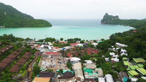 Iconic-Phi-Phi-island-township-with-exotic-elements,-aerial-view