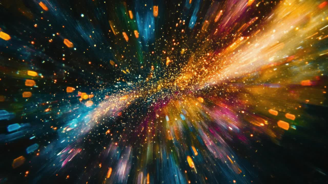 Dynamic burst of colorful light streaks in a radial pattern, resembling a cosmic explosion