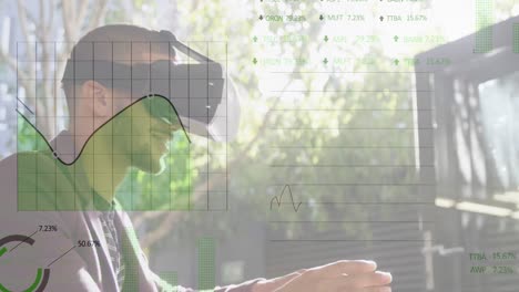 Animation of financial data processing over businessman using vr headset