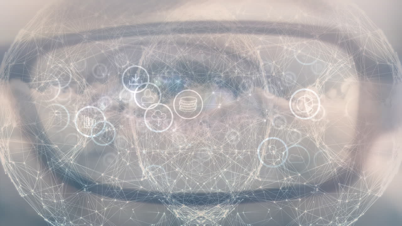 안경을 입은 백인 남자의 눈 위에 연결과 지구의 애니메이션