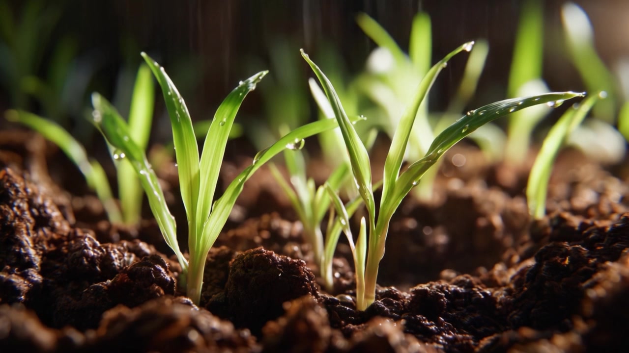 Il Viaggio della Crescita: Primi Piani Accattivanti di Piante Verdi che Germogliano da un Terreno Ricco in un Ambiente Nutriente, Illuminate da una Luce Soffusa.