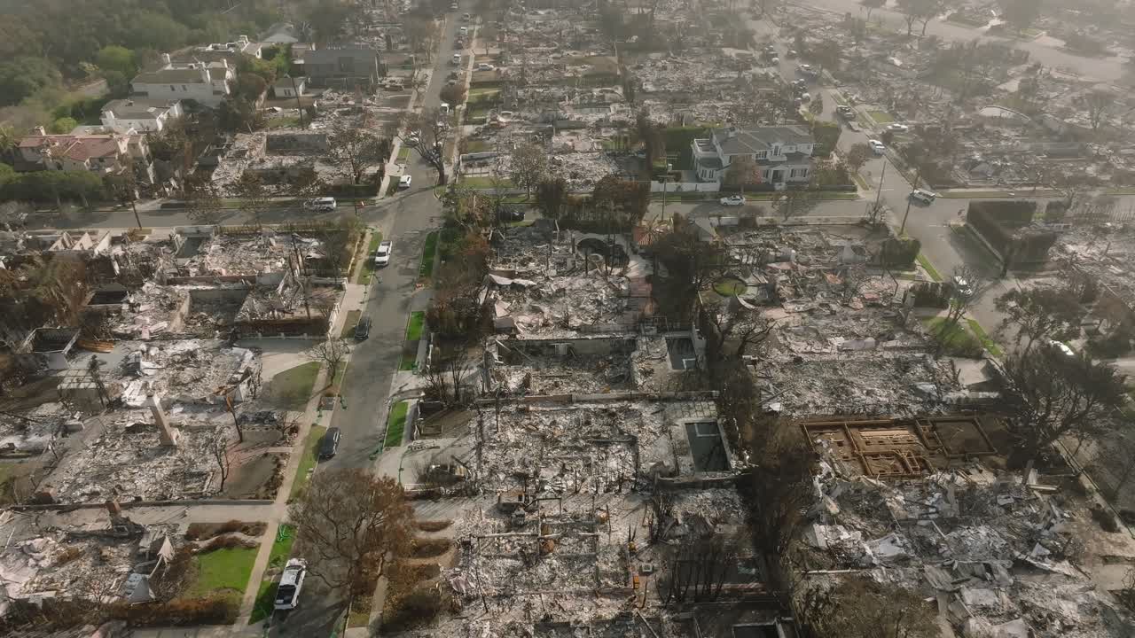 4K aerial of Pacific Palisades after the fire in January 2025, Los Angeles, California, USA.