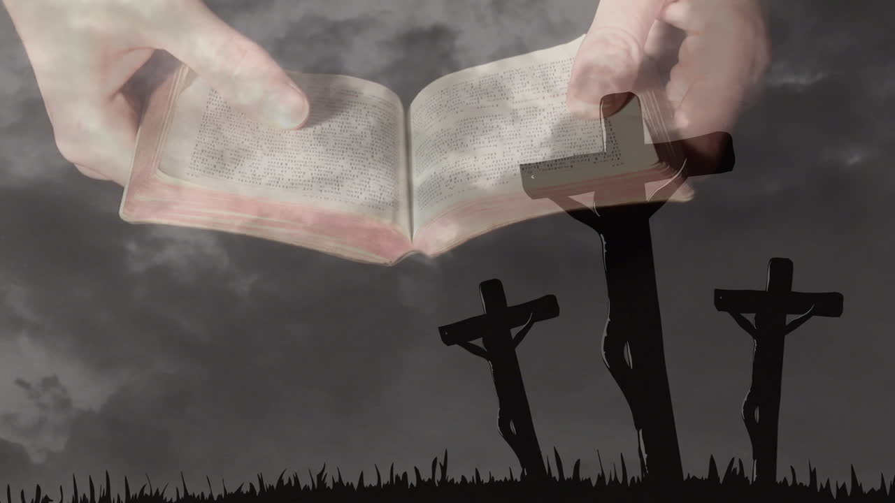 십자가 와 구름 위 에서 성서 를 읽는 백인 여자 의 애니메이션