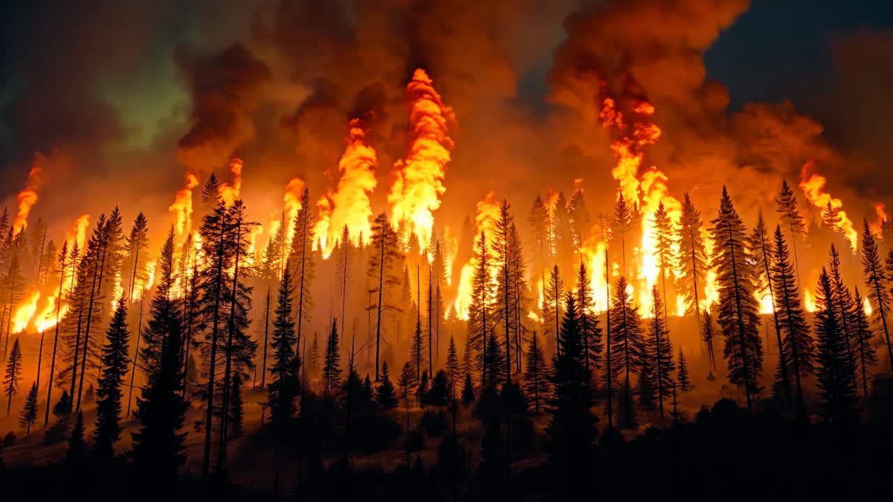 A large fire burns through a forest at night